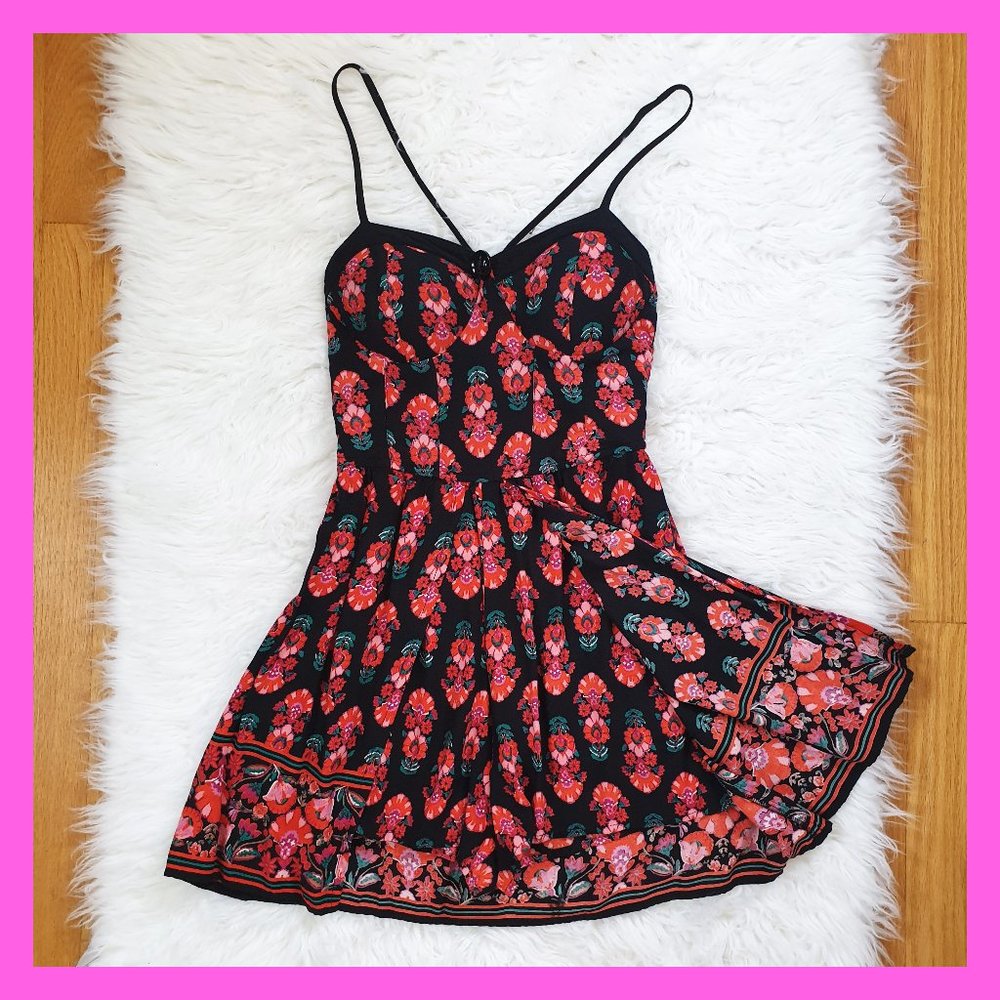 Romper Dress Floral Folk Boho Summer Band of Gypsies Flowy Shorts Black Red - S
